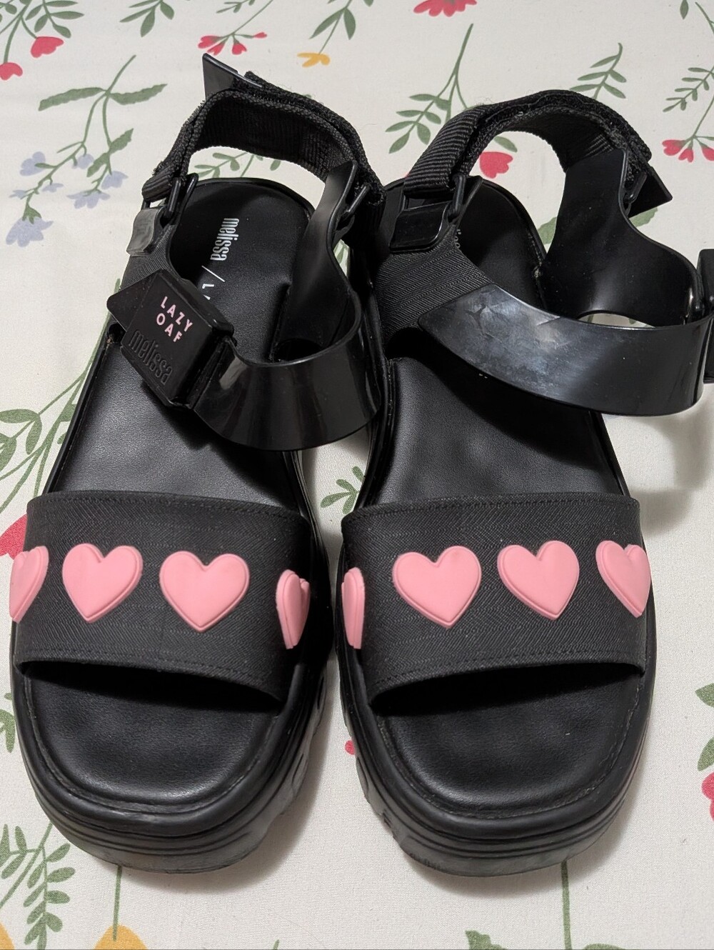Melissa/Lazy Oaf Black Platform Sandals with Pink Heart Accents